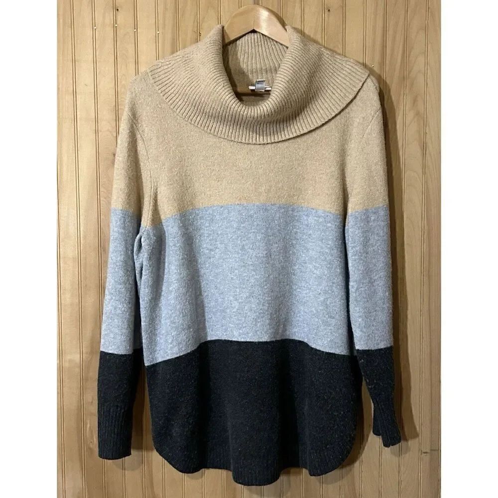 St. John's Bay Women's XL Turtle Neck Sweater Beige Black Gray